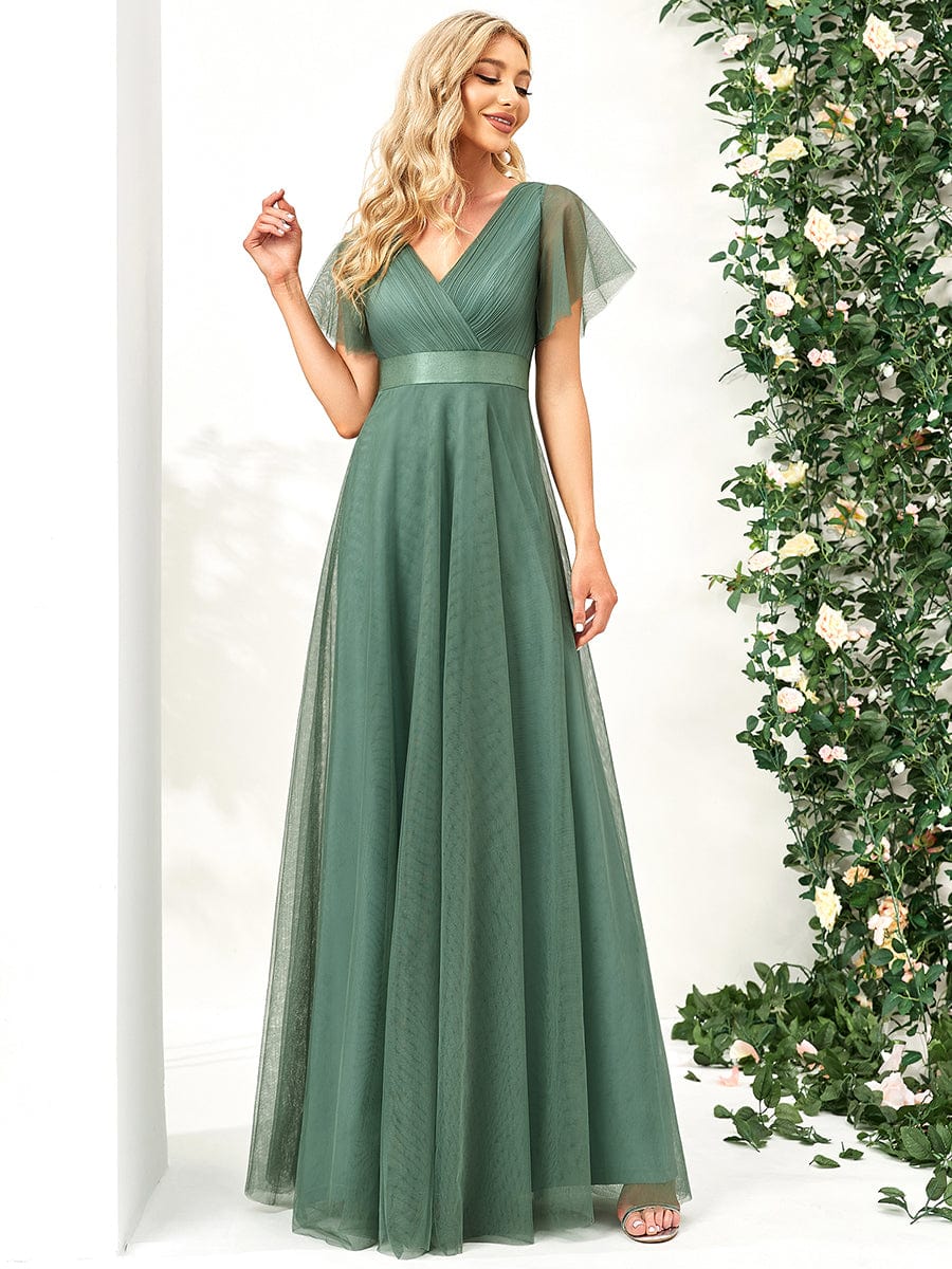 MsDresslyEP Formal Dress Double V-Neck Floor-Length Short Sleeve Tulle Bridesmaid Dresses