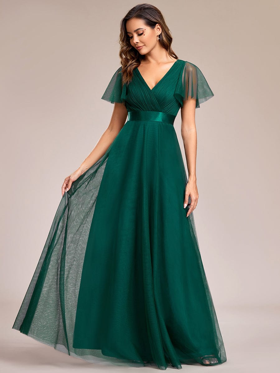 MsDresslyEP Formal Dress Double V-Neck Floor-Length Short Sleeve Tulle Bridesmaid Dresses DRE230972413DGV4