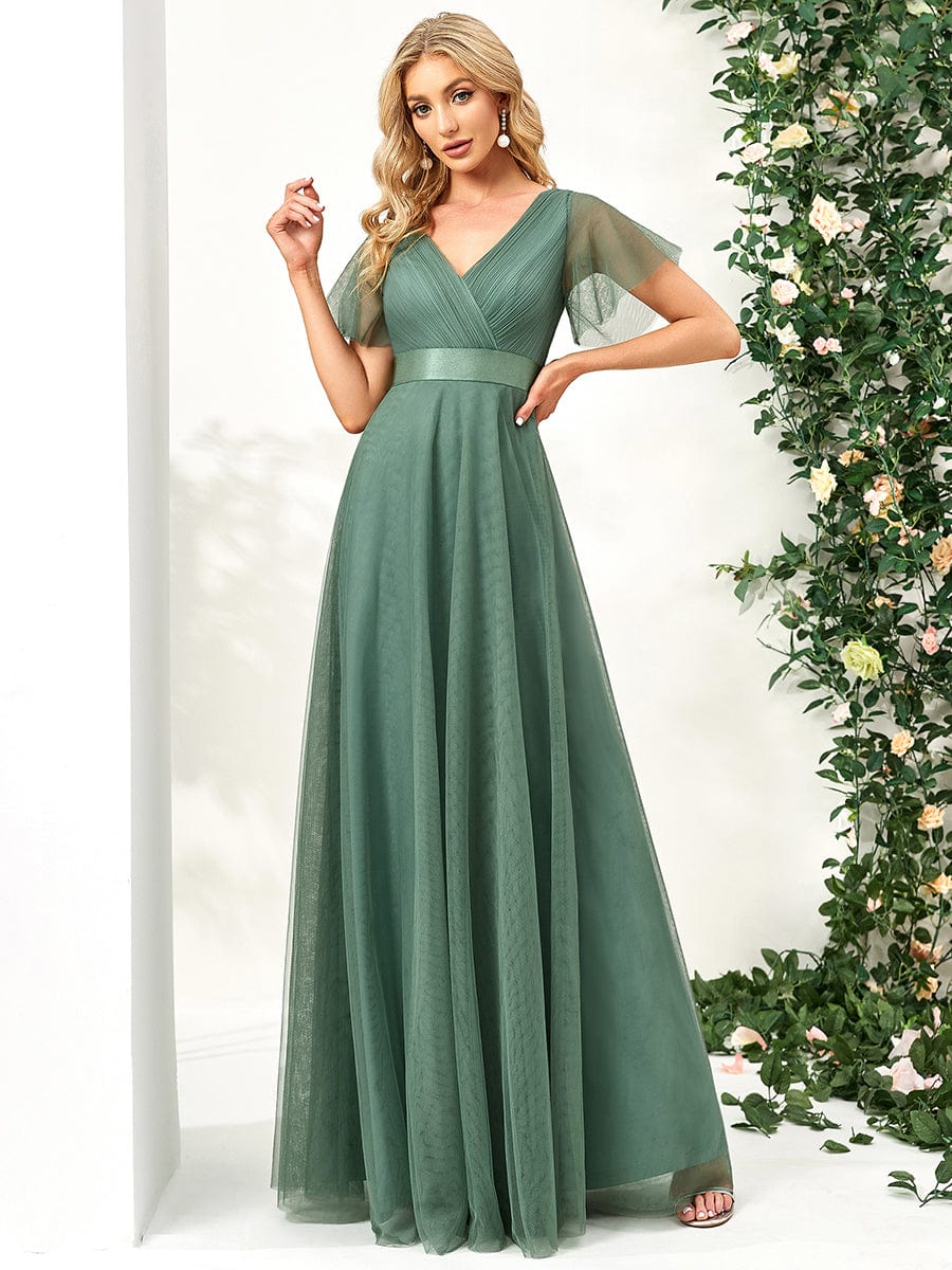 MsDresslyEP Formal Dress Double V-Neck Floor-Length Short Sleeve Tulle Bridesmaid Dresses DRE230972461GBN4