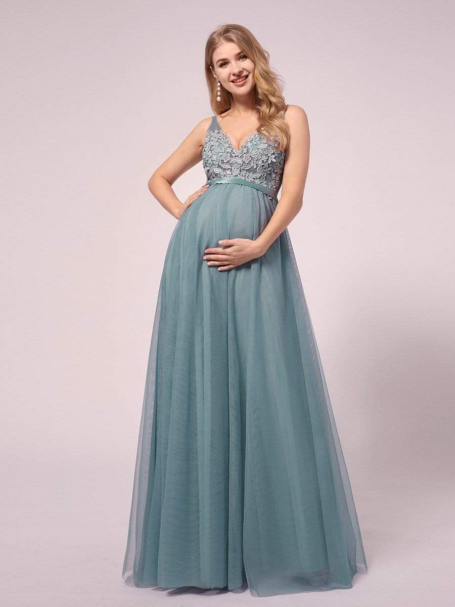 MsDresslyEP Formal Dress Double V-neck Lace Applique Bodice Maxi Maternity Dress