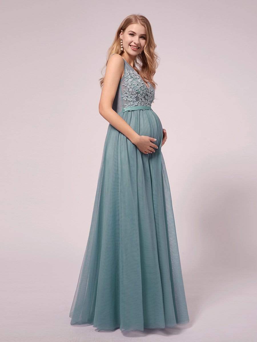 MsDresslyEP Formal Dress Double V-neck Lace Applique Bodice Maxi Maternity Dress