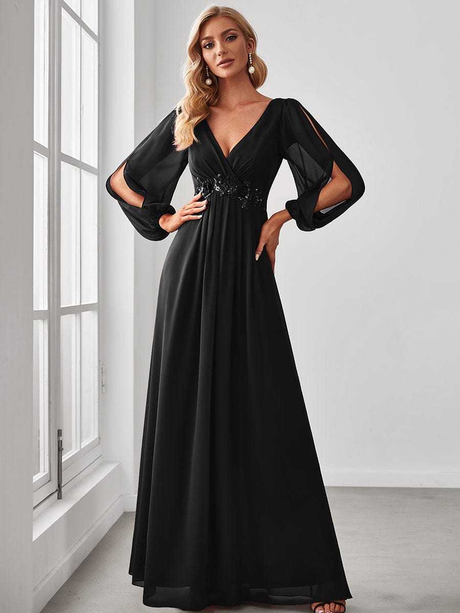 MsDresslyEP Formal Dress Elegant Chiffon V-Neckline Long Sleeve Formal Evening Dress DRE230976301BLK4