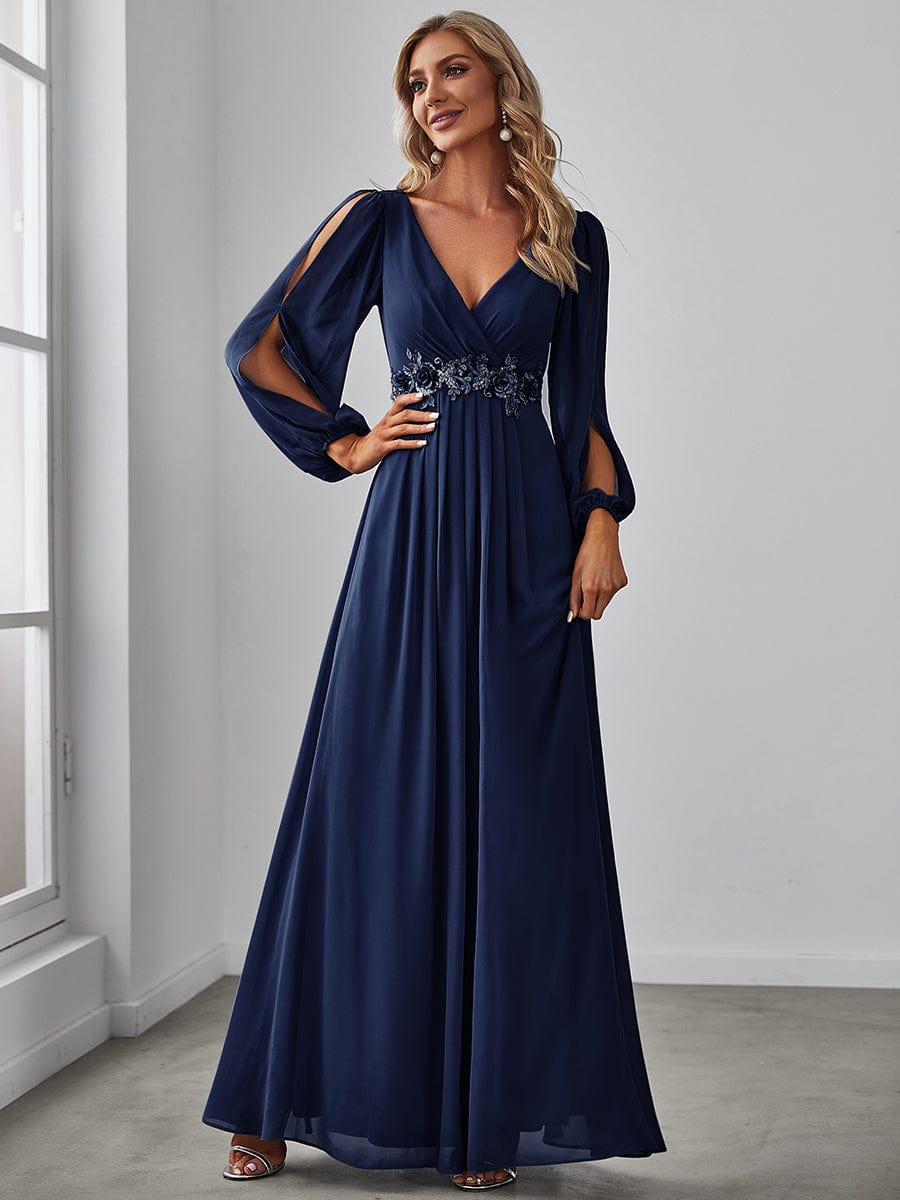 MsDresslyEP Formal Dress Elegant Chiffon V-Neckline Long Sleeve Formal Evening Dress DRE230976327NBY4