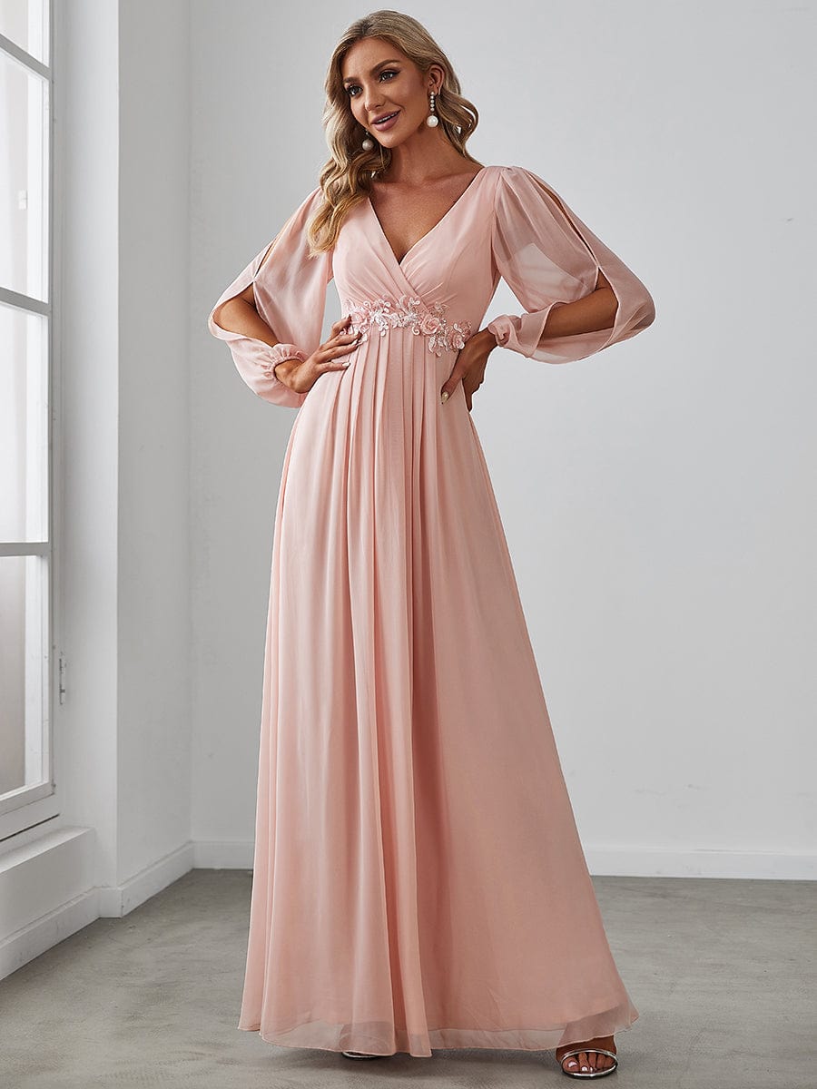 MsDresslyEP Formal Dress Elegant Chiffon V-Neckline Long Sleeve Formal Evening Dress DRE230976339PNK4