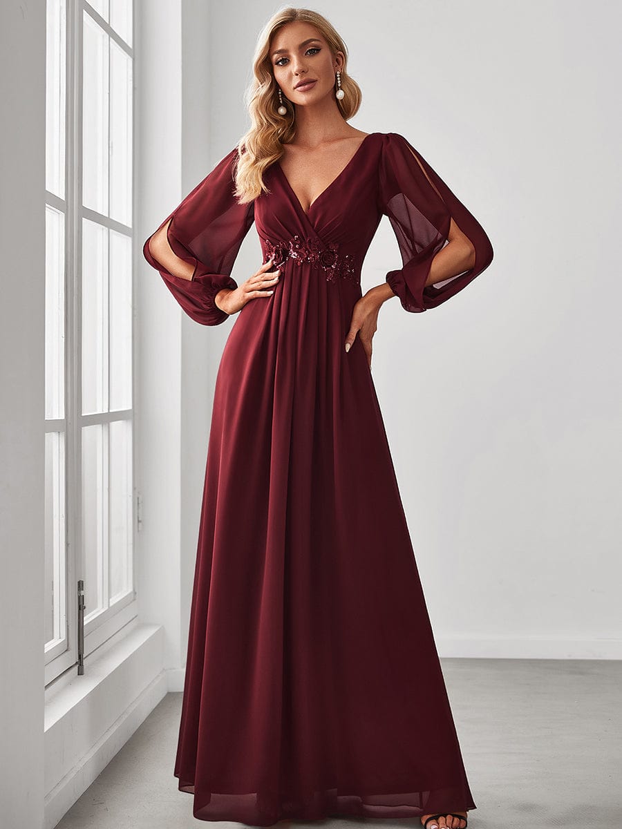 MsDresslyEP Formal Dress Elegant Chiffon V-Neckline Long Sleeve Formal Evening Dress DRE230976363BDG4