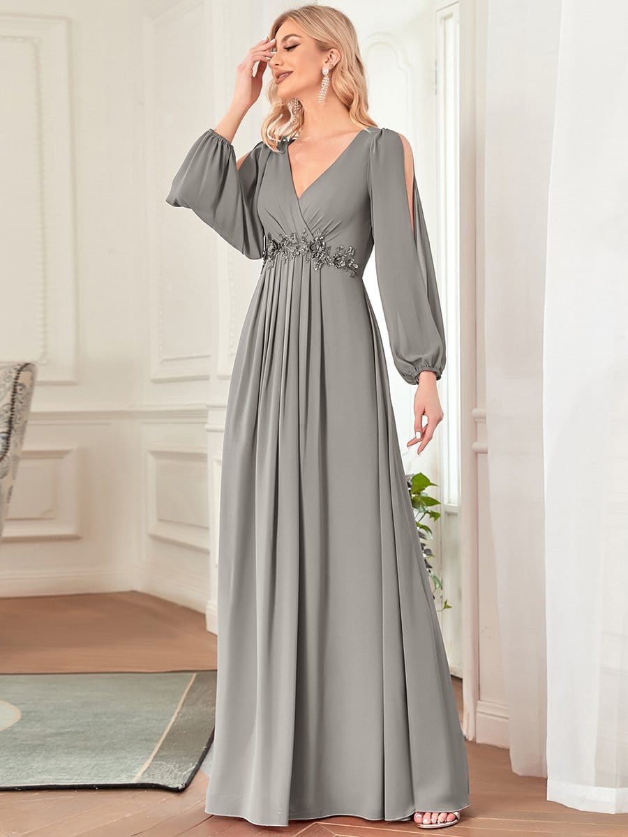 MsDresslyEP Formal Dress Elegant Chiffon V-Neckline Long Sleeve Formal Evening Dress DRE230976377GRE4