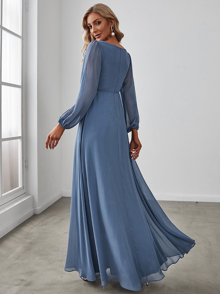 MsDresslyEP Formal Dress Elegant Chiffon V-Neckline Long Sleeve Formal Evening Dress