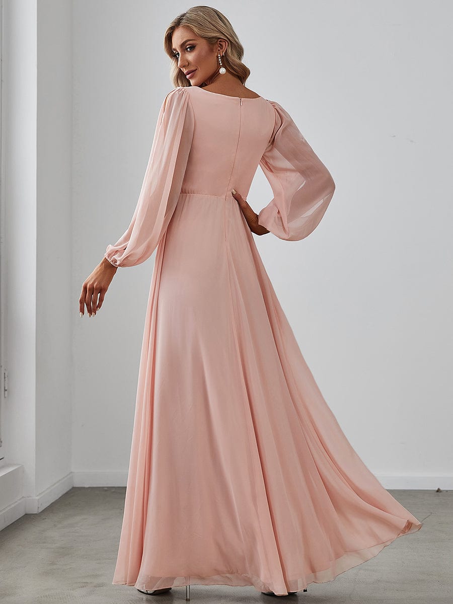 MsDresslyEP Formal Dress Elegant Chiffon V-Neckline Long Sleeve Formal Evening Dress