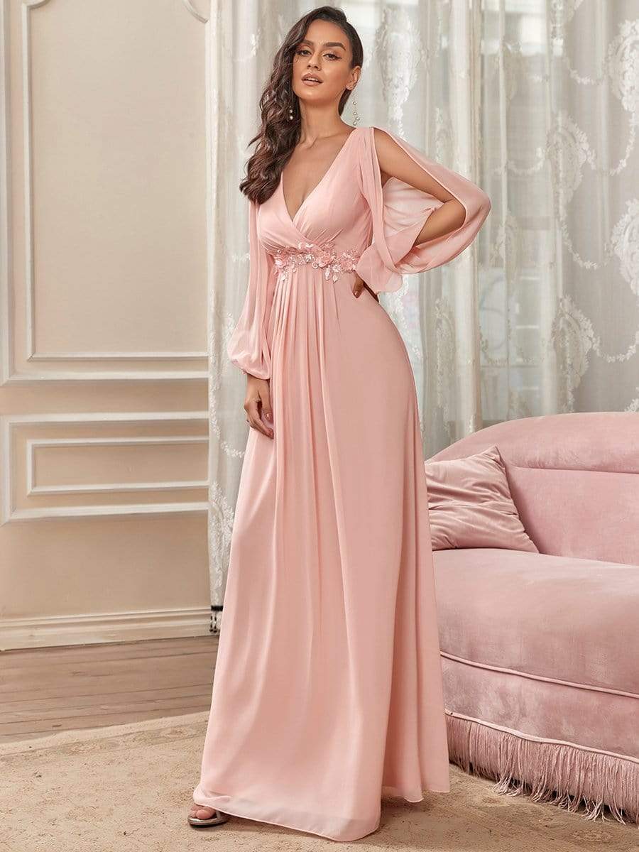 MsDresslyEP Formal Dress Elegant Chiffon V-Neckline Long Sleeve Formal Evening Dress