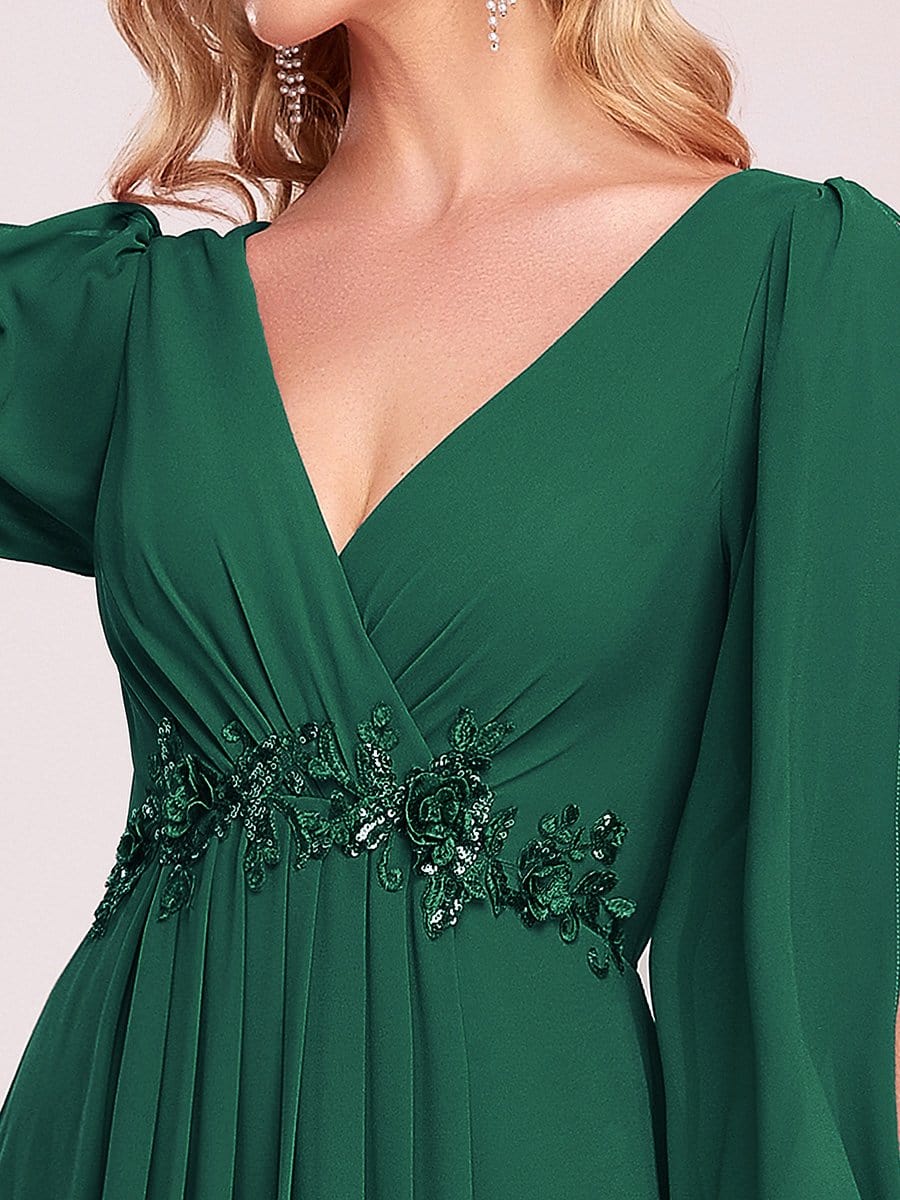 MsDresslyEP Formal Dress Elegant Chiffon V-Neckline Long Sleeve Formal Evening Dress