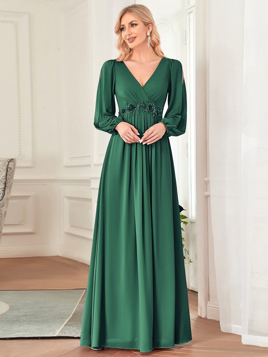 MsDresslyEP Formal Dress Elegant Chiffon V-Neckline Long Sleeve Formal Evening Dress