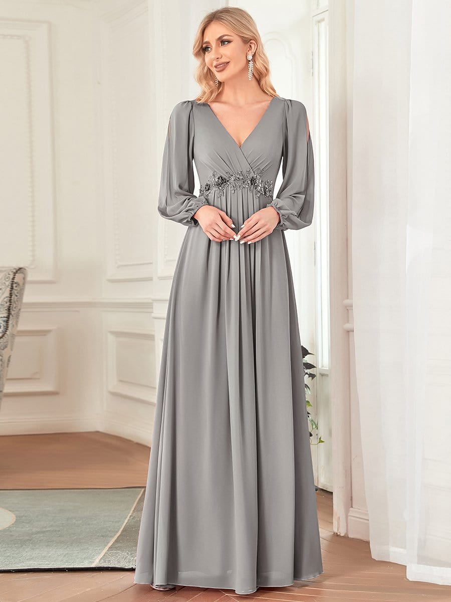 MsDresslyEP Formal Dress Elegant Chiffon V-Neckline Long Sleeve Formal Evening Dress