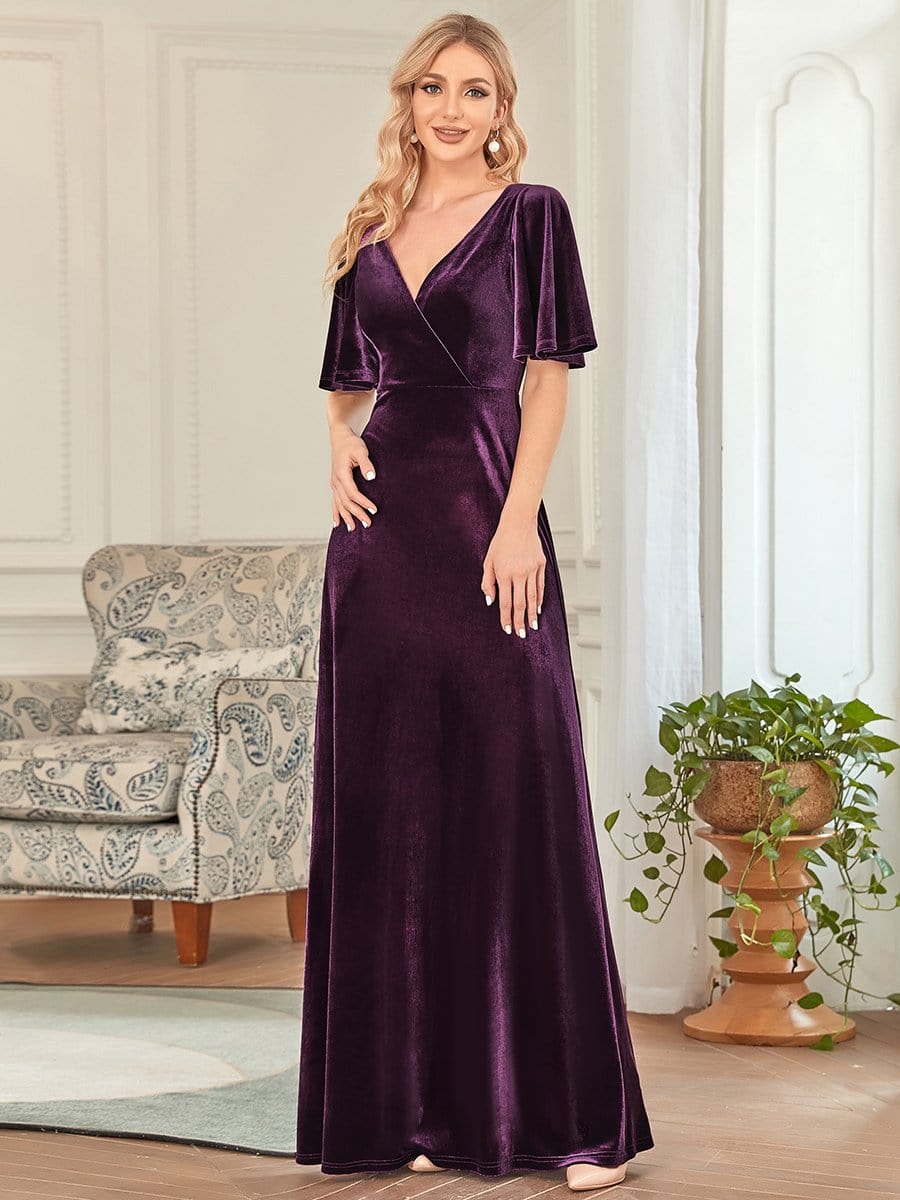 MsDresslyEP Formal Dress Elegant Double V Neck Velvet Party Dress with Sleeves DRE230975037DPH4