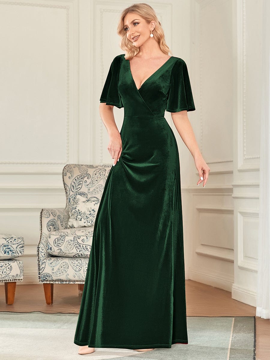 MsDresslyEP Formal Dress Elegant Double V Neck Velvet Party Dress with Sleeves