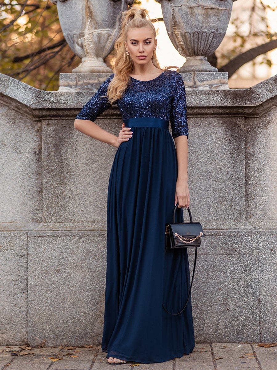 MsDresslyEP Formal Dress Elegant Round Neckline Long Sleeves Sequin Evening Dress DRE230975453NBY4