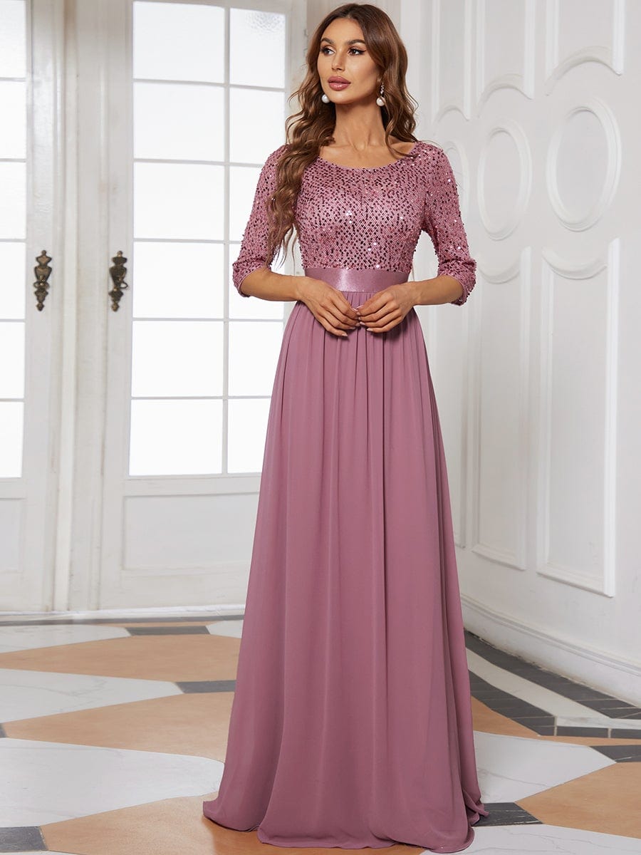 MsDresslyEP Formal Dress Elegant Round Neckline Long Sleeves Sequin Evening Dress DRE230975477POH4