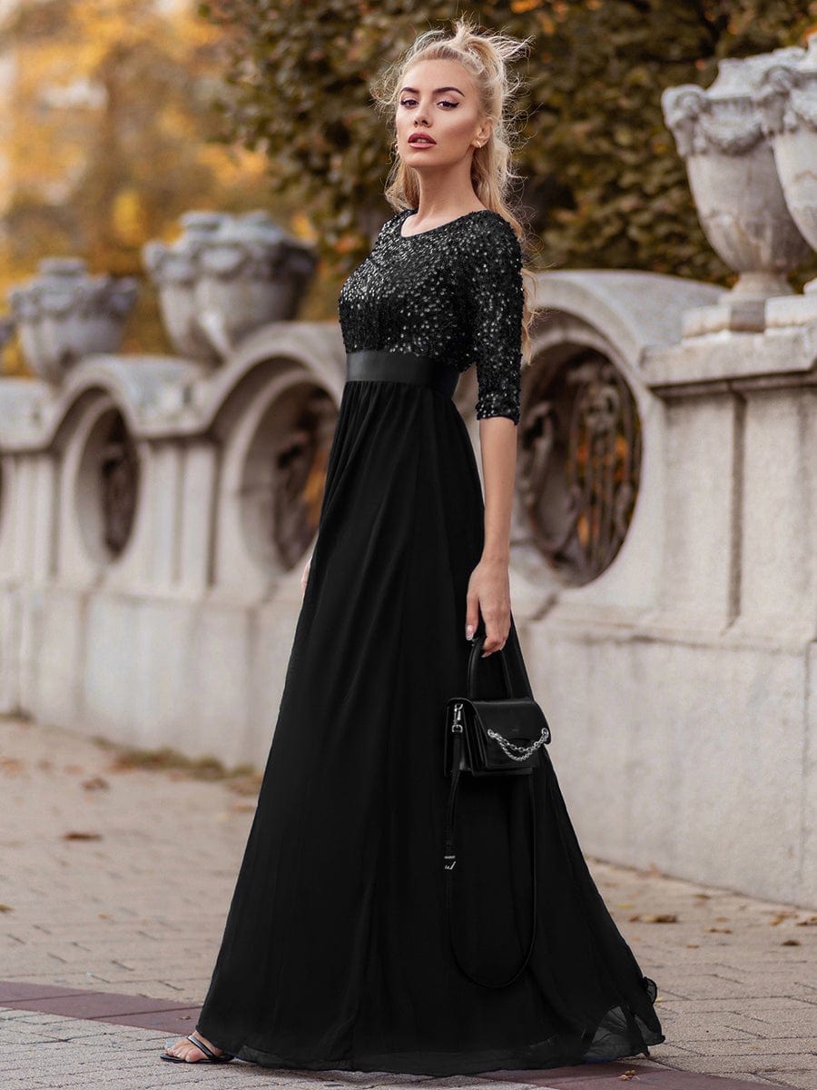 MsDresslyEP Formal Dress Elegant Round Neckline Long Sleeves Sequin Evening Dress