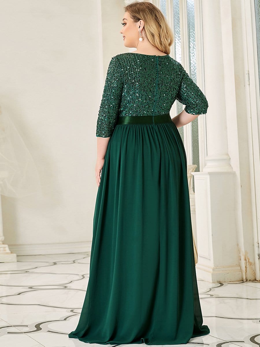 MsDresslyEP Formal Dress Elegant Round Neckline Long Sleeves Sequin Evening Dress