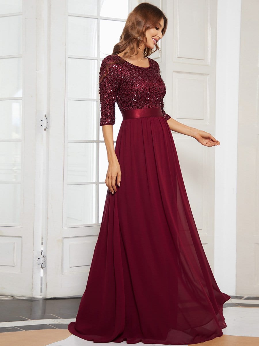 MsDresslyEP Formal Dress Elegant Round Neckline Long Sleeves Sequin Evening Dress