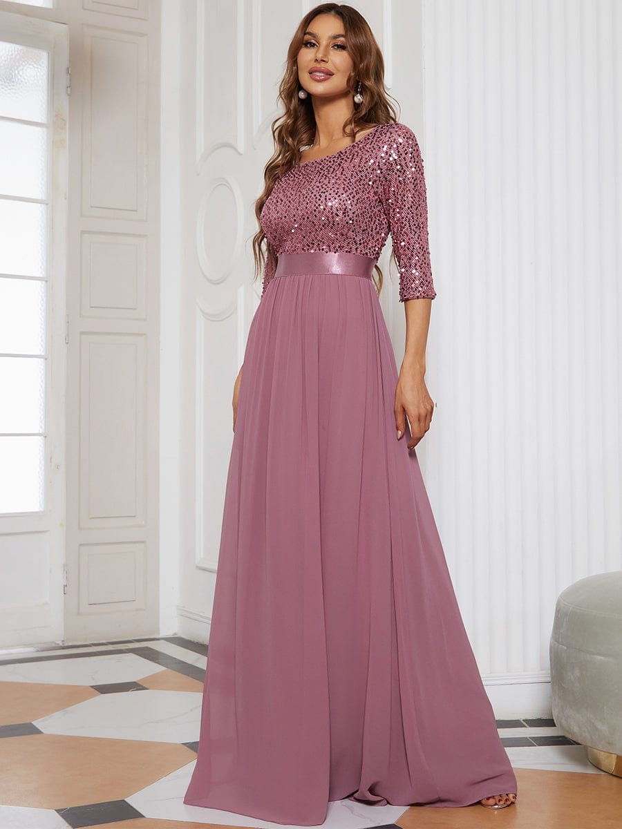 MsDresslyEP Formal Dress Elegant Round Neckline Long Sleeves Sequin Evening Dress