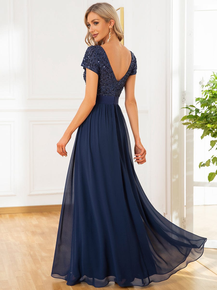 MsDresslyEP Formal Dress Empire Waist V-Neck Cap Sleeve Chiffon Evening Dress