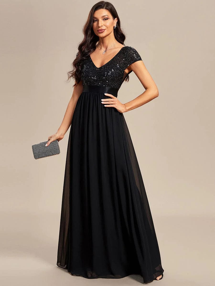 MsDresslyEP Formal Dress Empire Waist V-Neck Cap Sleeve Chiffon Evening Dress