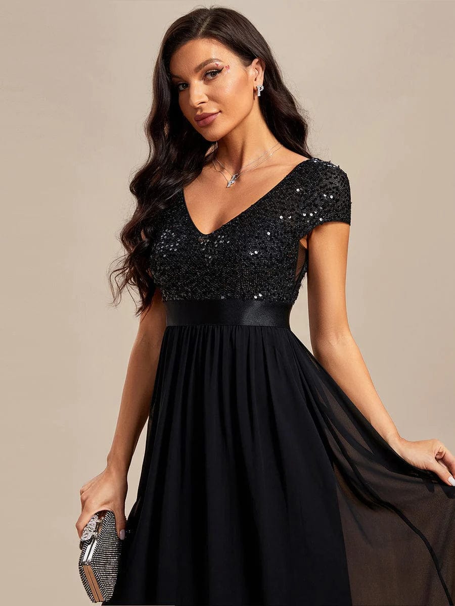 MsDresslyEP Formal Dress Empire Waist V-Neck Cap Sleeve Chiffon Evening Dress