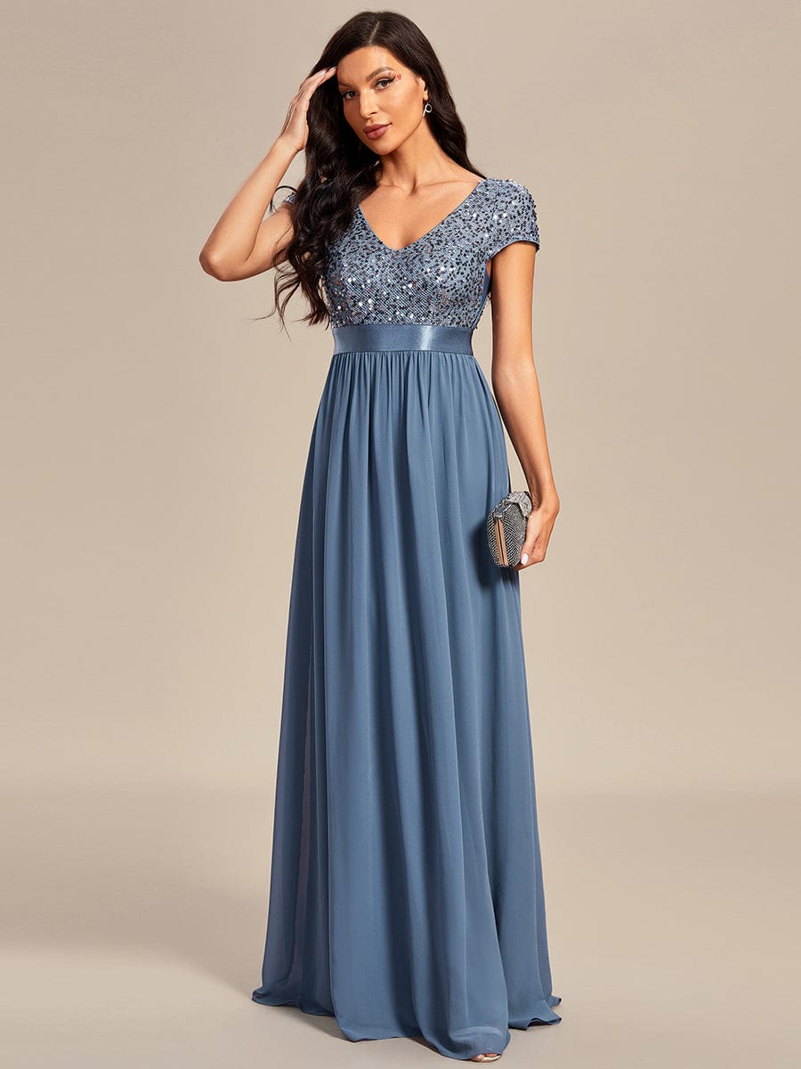 MsDresslyEP Formal Dress Empire Waist V-Neck Cap Sleeve Chiffon Evening Dress