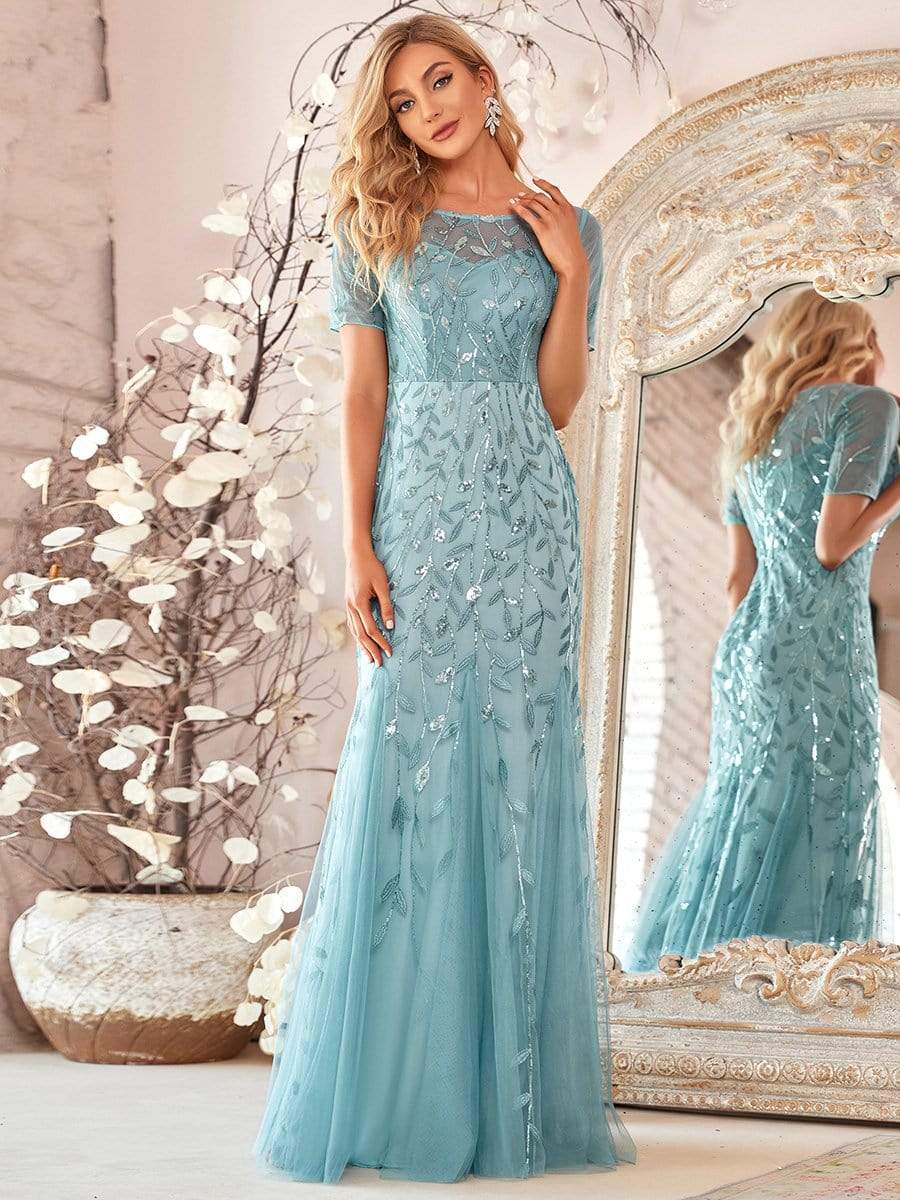 MsDresslyEP Formal Dress Floral Sequin Maxi Fishtail Tulle Prom Dress with Short Sleeve DRE230974527DBU2