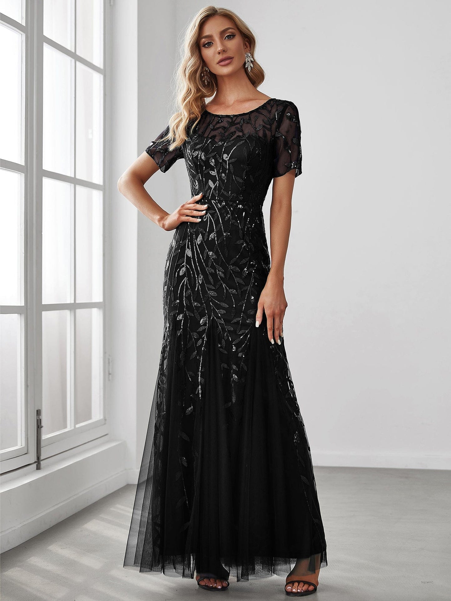 MsDresslyEP Formal Dress Floral Sequin Maxi Fishtail Tulle Prom Dress with Short Sleeve DRE230974566BLK2