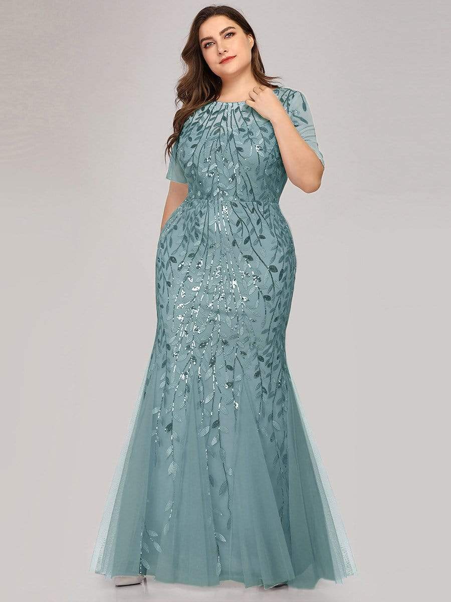 MsDresslyEP Formal Dress Floral Sequin Maxi Fishtail Tulle Prom Dress with Short Sleeve