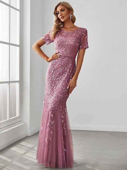 MsDresslyEP Formal Dress Floral Sequin Print Maxi Long Fishtail Formal Dresses With Half Sleeve DRE230978901POH2