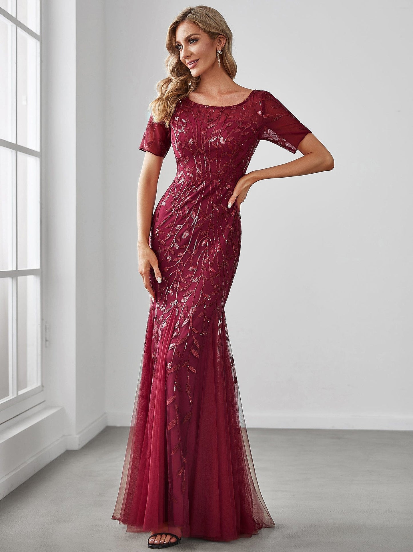 MsDresslyEP Formal Dress Floral Sequin Print Maxi Long Fishtail Formal Dresses With Half Sleeve DRE230978940BDG2