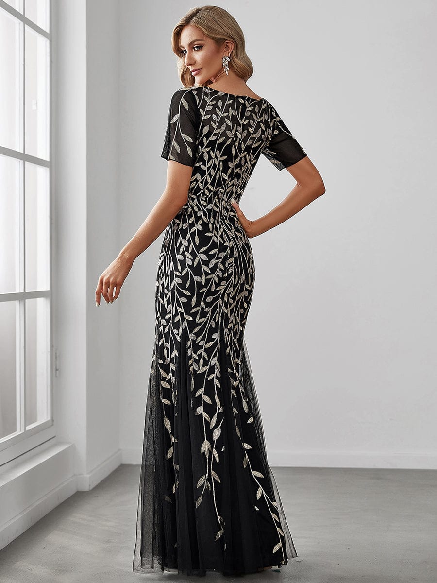 MsDresslyEP Formal Dress Floral Sequin Print Maxi Long Fishtail Formal Dresses With Half Sleeve