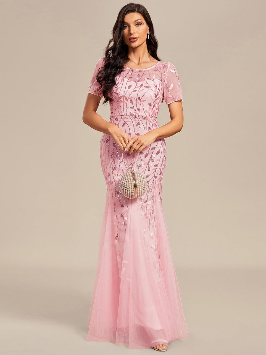 MsDresslyEP Formal Dress Floral Sequin Print Maxi Long Fishtail Formal Dresses With Half Sleeve