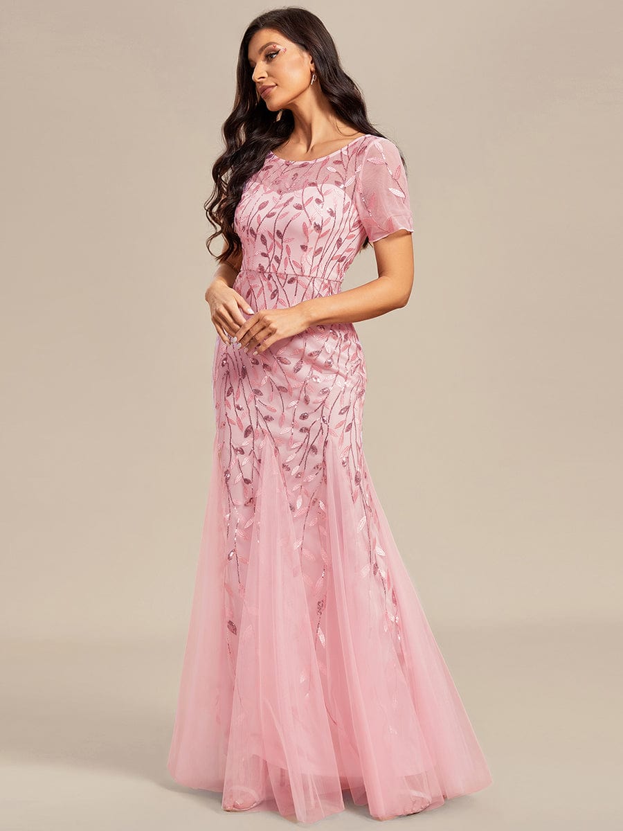 MsDresslyEP Formal Dress Floral Sequin Print Maxi Long Fishtail Formal Dresses With Half Sleeve