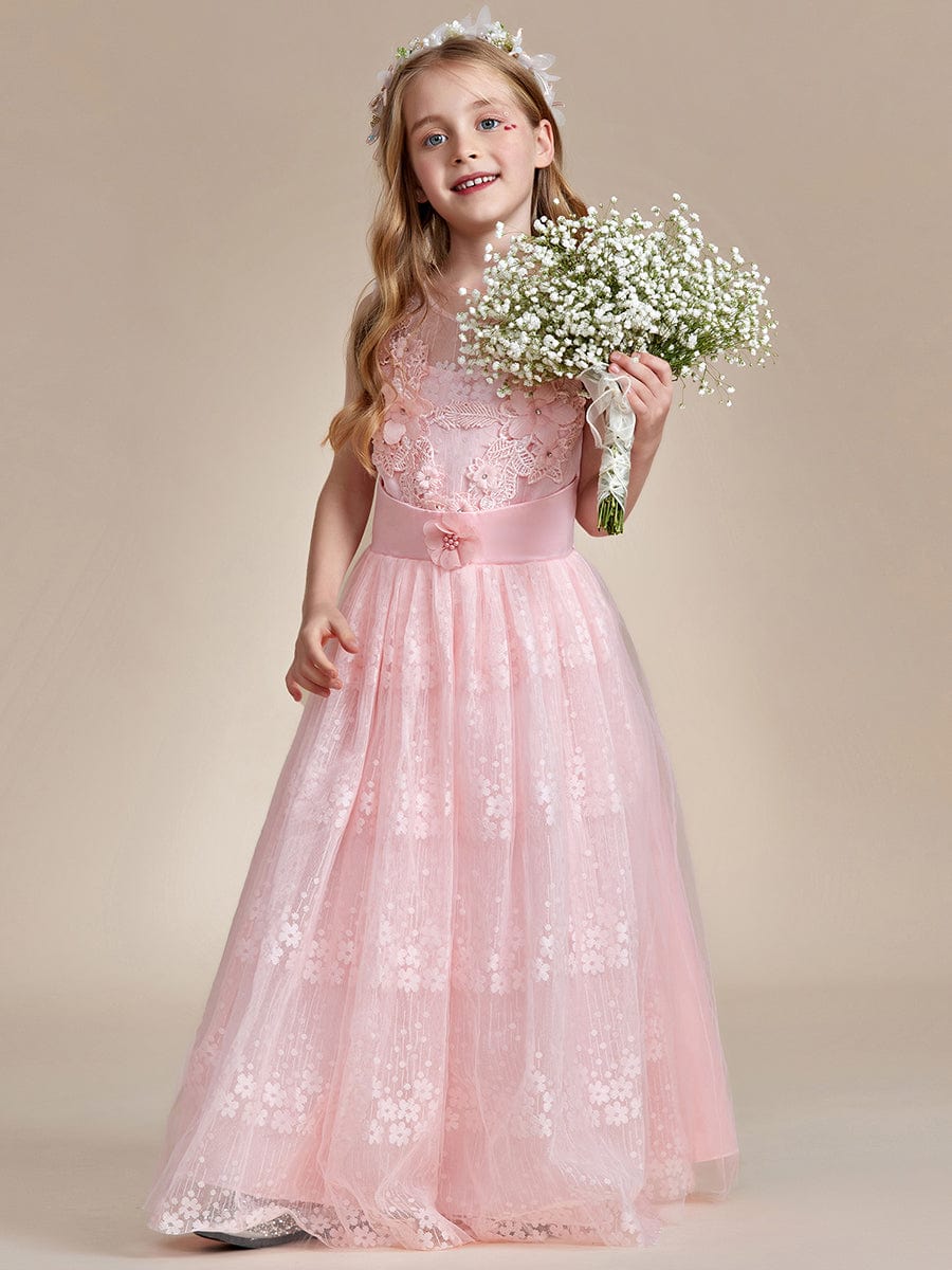 MsDresslyEP Formal Dress Floral Tulle Applique Princess Flower Girl Dress With Satin Back