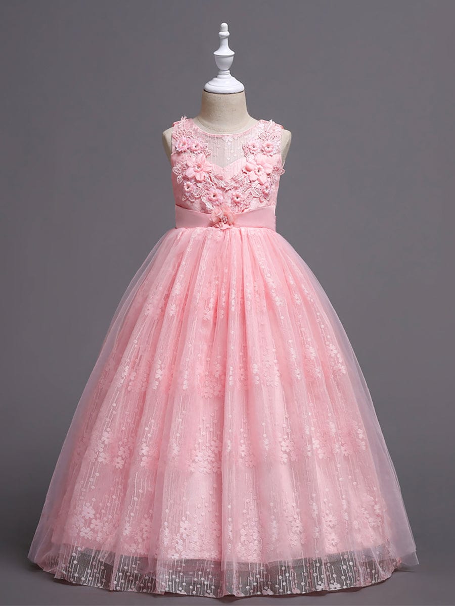 MsDresslyEP Formal Dress Floral Tulle Applique Princess Flower Girl Dress With Satin Back