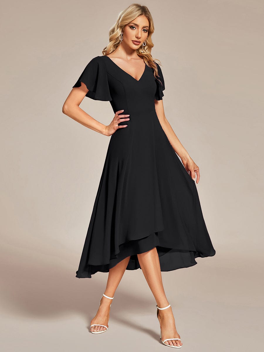 MsDresslyEP Formal Dress Flowing Chiffon V-Neck Ruffle Sleeves Bridesmaid Dress DRE230912A2201BLK4