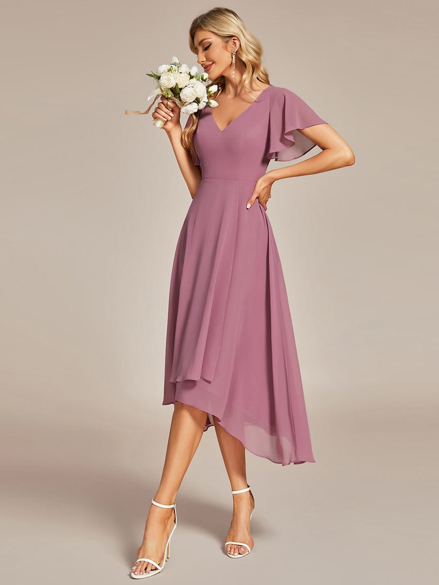 MsDresslyEP Formal Dress Flowing Chiffon V-Neck Ruffle Sleeves Bridesmaid Dress