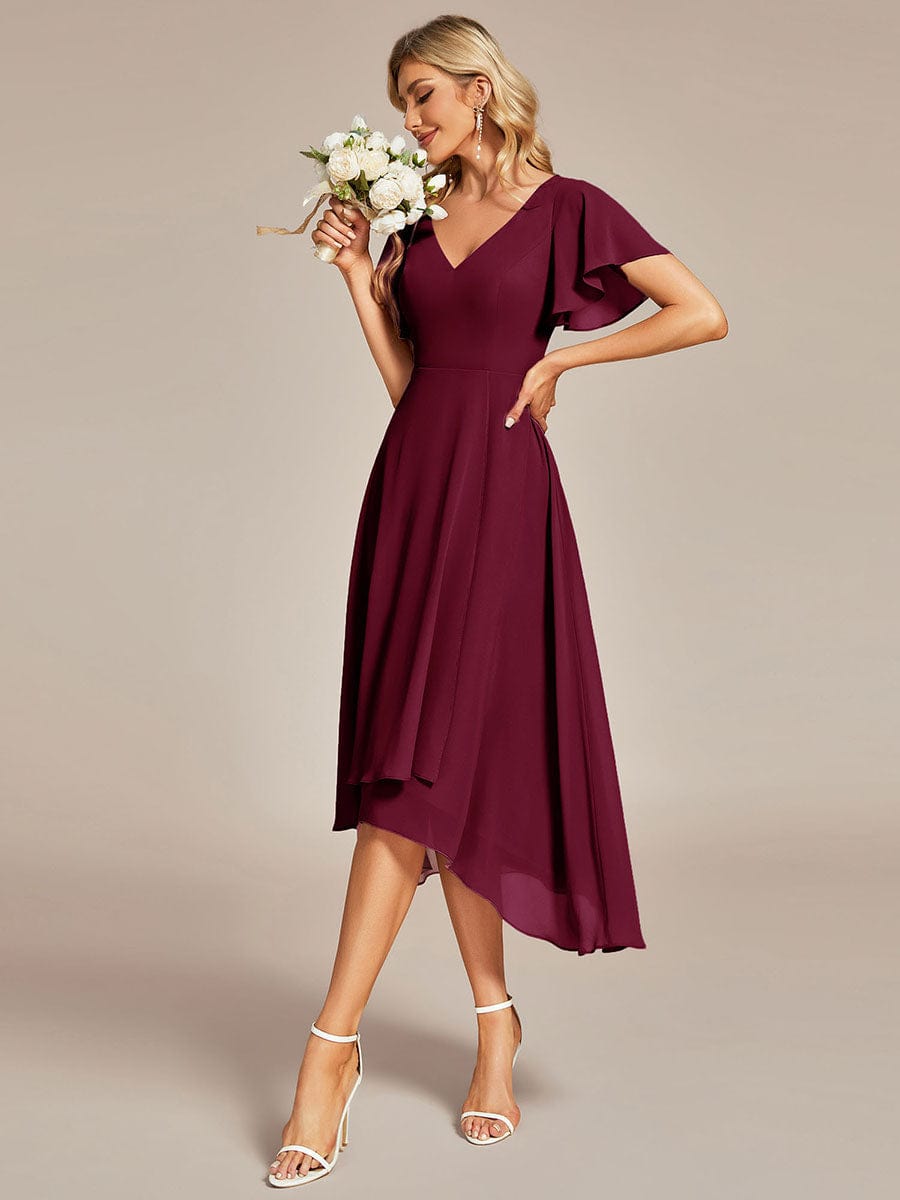 MsDresslyEP Formal Dress Flowing Chiffon V-Neck Ruffle Sleeves Bridesmaid Dress