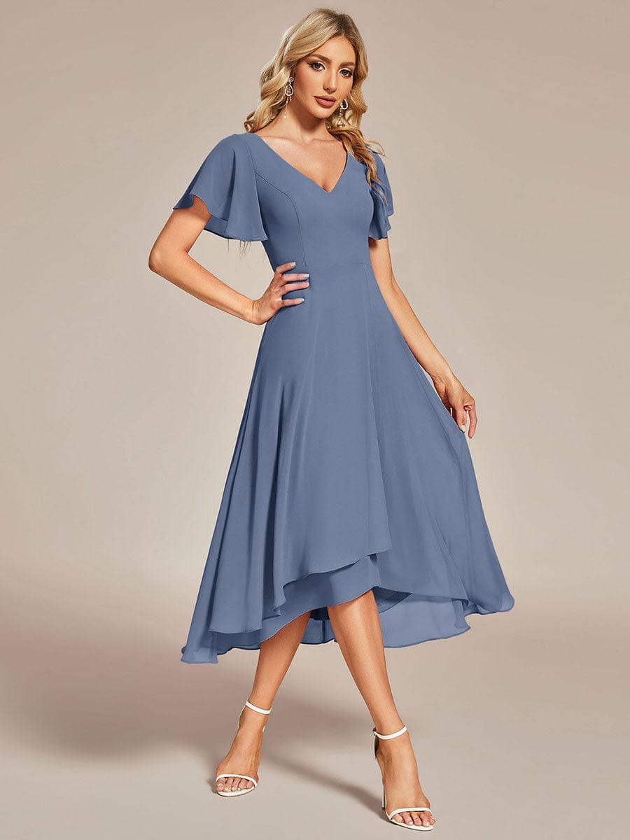 MsDresslyEP Formal Dress Flowing Chiffon V-Neck Ruffle Sleeves Bridesmaid Dress