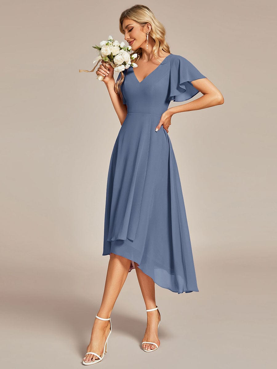 MsDresslyEP Formal Dress Flowing Chiffon V-Neck Ruffle Sleeves Bridesmaid Dress