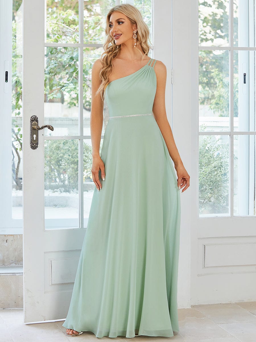 MsDresslyEP Formal Dress Flowy Chiffon One-Shoulder with Three Straps Bridesmaid Dress DRE2310040017GRN4