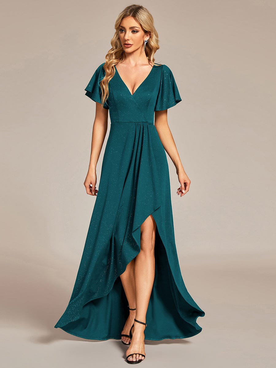 MsDresslyEP Formal Dress Glitter High-Low Front Side Slit Ruffled V-Neck Evening Dress