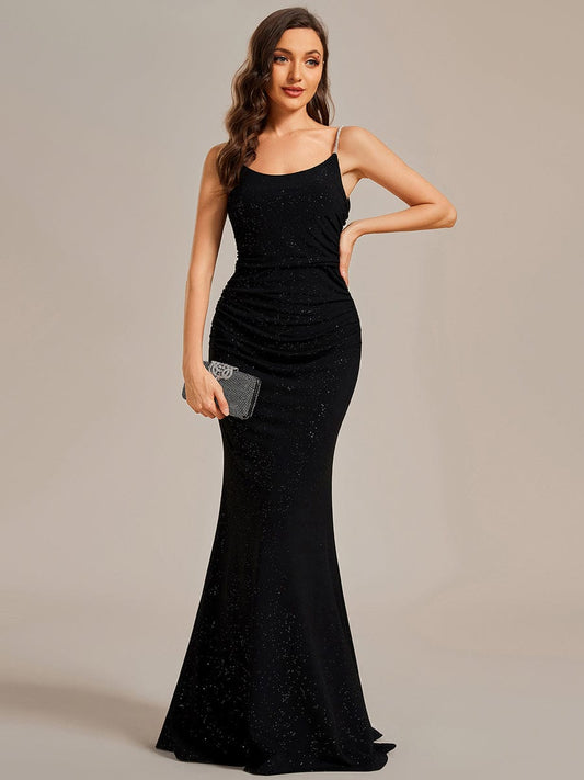 MsDresslyEP Formal Dress Glitter Spaghetti Strap U-Veck Open Back Bodycon Stretchy Evening Dress DRE230912B2501BLK4