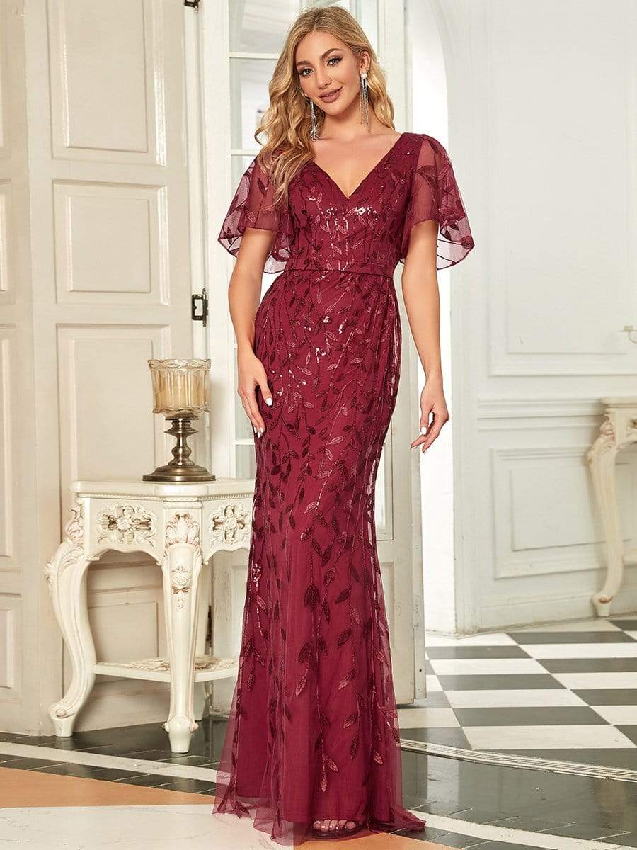 MsDresslyEP Formal Dress Gorgeous V Neck Leaf-Sequined Fishtail Party Dress DRE230978649BDG4