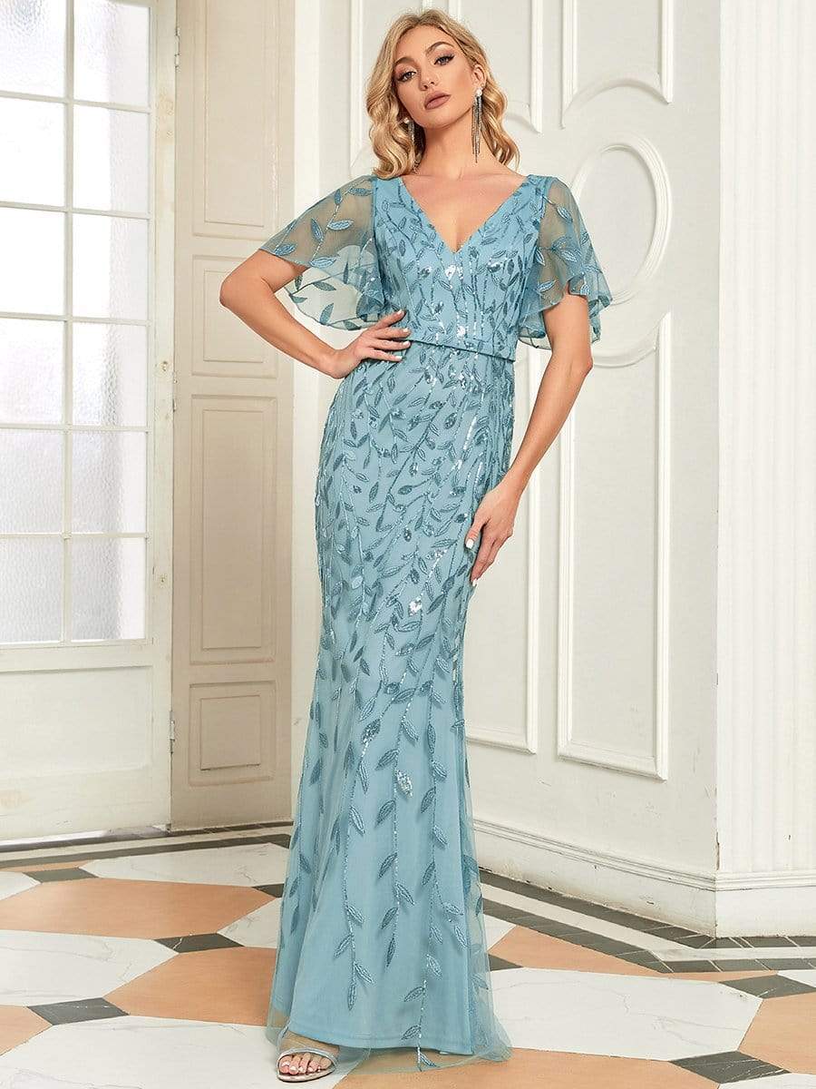 MsDresslyEP Formal Dress Gorgeous V Neck Leaf-Sequined Fishtail Party Dress DRE230978661DBU4