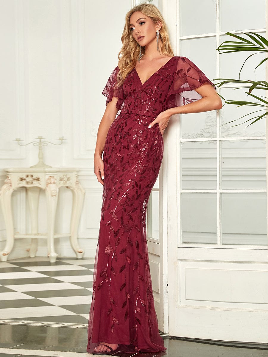 MsDresslyEP Formal Dress Gorgeous V Neck Leaf-Sequined Fishtail Party Dress