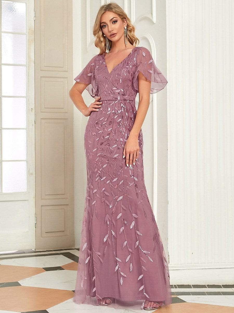 MsDresslyEP Formal Dress Gorgeous V Neck Leaf-Sequined Fishtail Party Dress